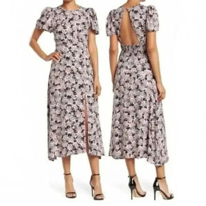AFRM Jamie Ditzy Floral Midi Dress Slit Puff Sleeves Cottage Open Back Size M